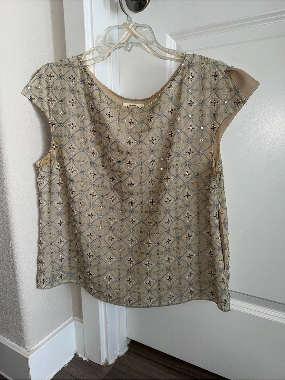 Embellished Cap-Sleeve Beaded Top in Beige
